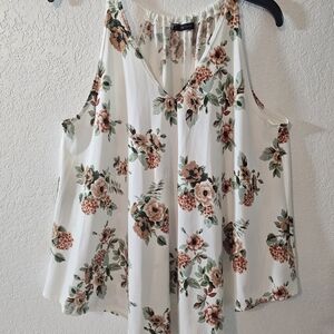 First Love Floral Sleeveless V-Neck Tank Top Wide Strap White Beige Green Brown